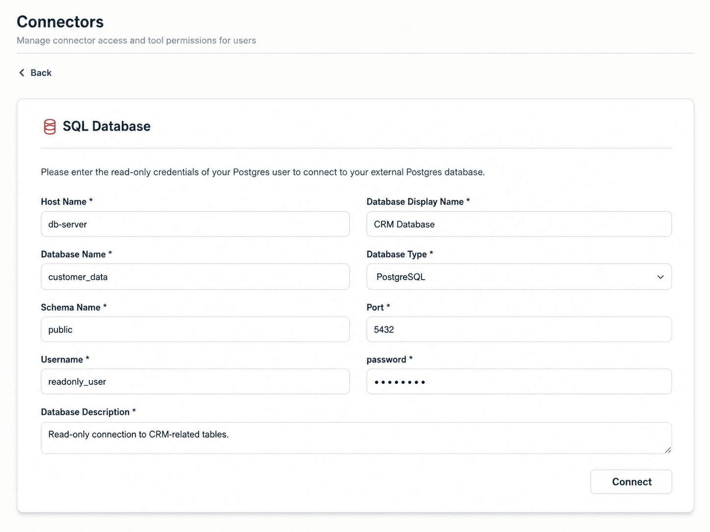 SQL-Verbindungsformular mit Feldern Host, Port, Schema, Credentials, Description